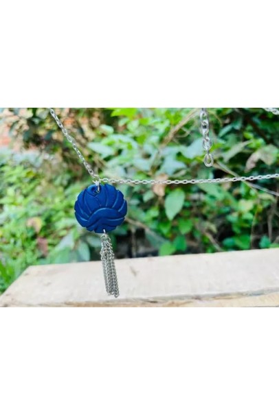 Romantic blue flowers bone Carving silver plated chain tassel necklace